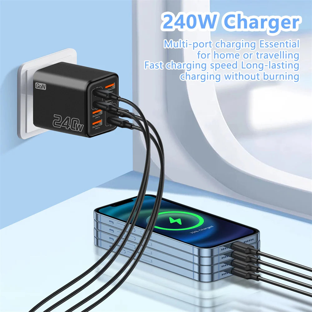 240W GaN 8-Port USB-C PD Fast Charger | QC 3.0 Wall Adapter