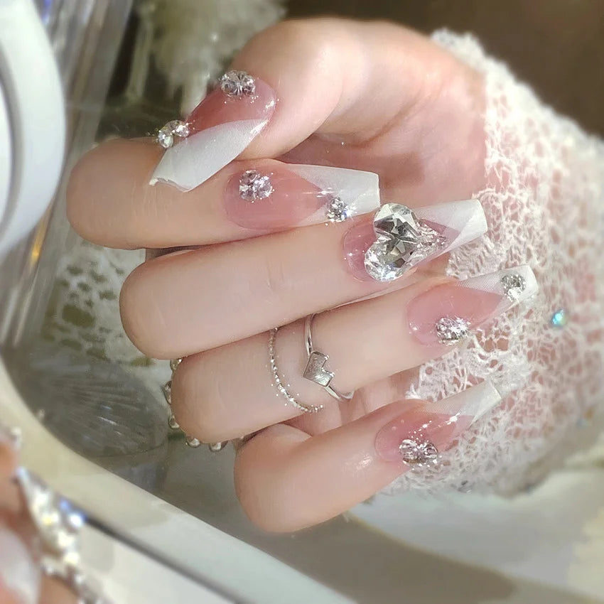 24pcs New Year Heavy Metal Press on Nails Chinese Bride Wedding Fake Nails Full Cover Wearable Shiny Large Crystal False Nails Peaceful Pleasures Health and Wellness style 13