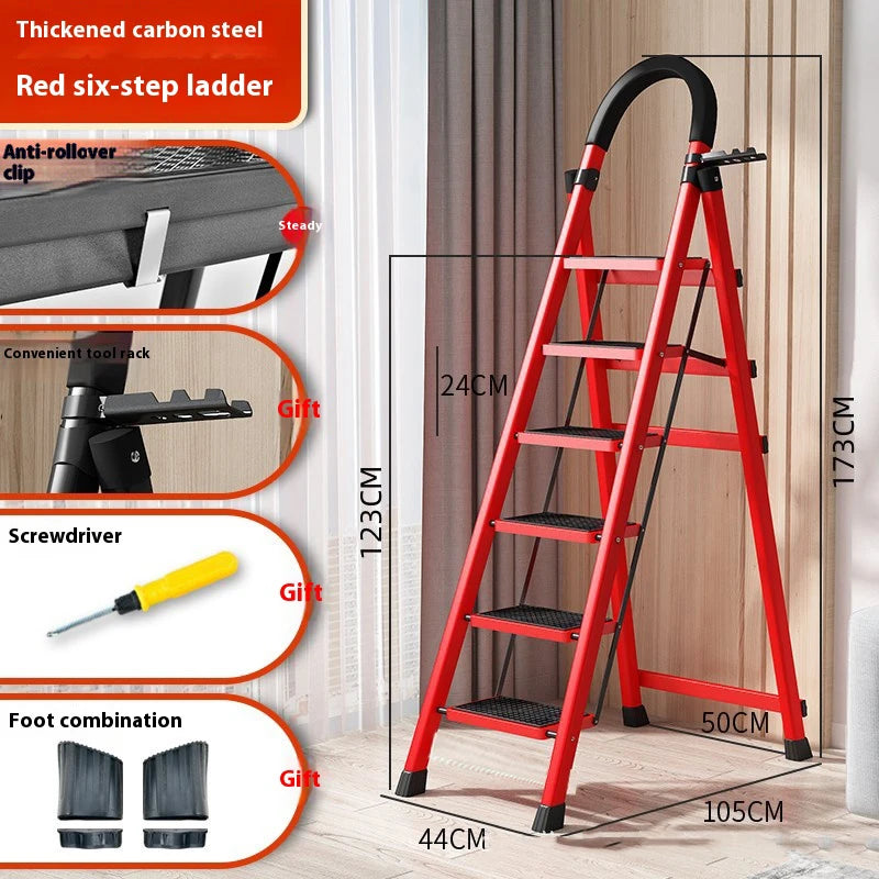 Adjustable Zigzag Folding Ladder 3 4 5 6 Step Thickened Carbon Steel Engineering Ladder Stable Climbing Tool for Home And Garden Peaceful Pleasures Health and Wellness 6 layers Red