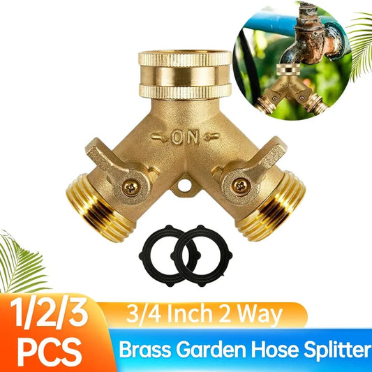 3/4 Inch 2 Way Brass Garden Hose Splitter Y-Type Tap Watering Connector Distributor for Outdoor Faucet 1/2/3 set Peaceful Pleasures Health and Wellness