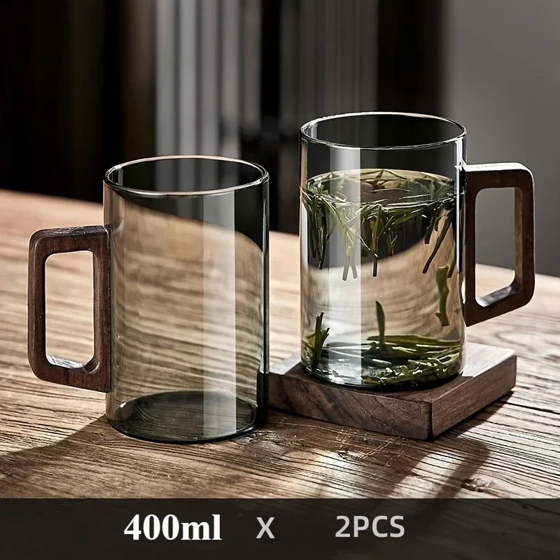 400ml Walnut Handle Glass Cup Heat-resistant Cup for Home Use Tea Making Cup Office Drinking Cup Peaceful Pleasures Health and Wellness 2PCS Gray 400ML