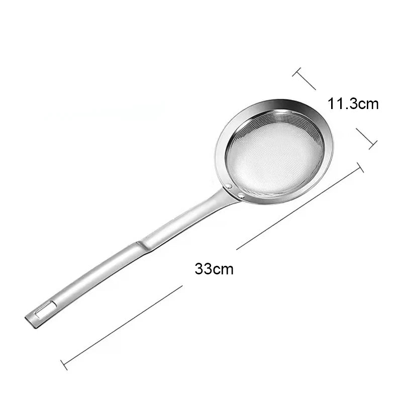 Stainless Steel Large Mesh Strainer With Long Handle Made Of Food Grade 304 Stainless Steel Anti-rust The Heat Resistant Handle Peaceful Pleasures Health and Wellness