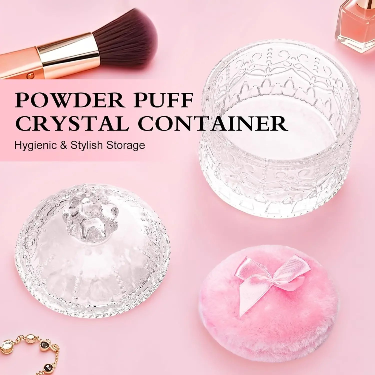 2-Piece Velour Powder Puff Set with Crystal Glass Container, Soft Washable for Face and Body Makeup Peaceful Pleasures Health and Wellness