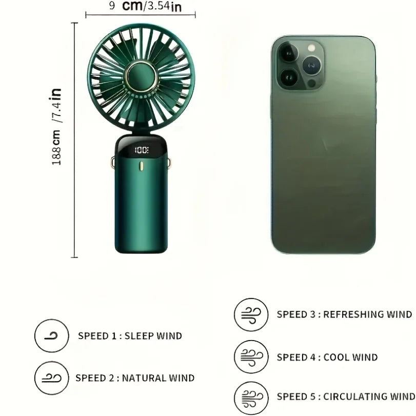 Portable Mini Fan 6-Speed USB Rechargeable Foldable LED Fan