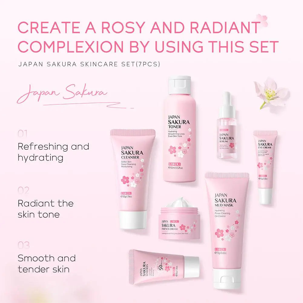 LAIKOU 7-Piece Complete Facial Skincare Set – Cleanser, Toner, Essence, Eye Cream, Cream, Sunscreen & Mud Mask, All Skin Types Peaceful Pleasures Health and Wellness
