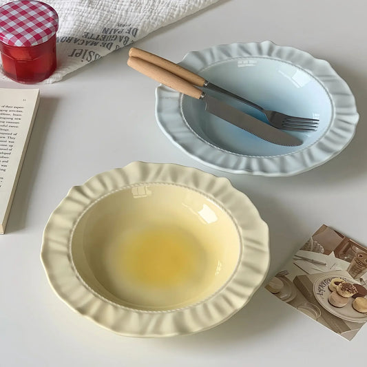 Advanced French Irregular Embossed Lace Plates Fruit Plate Pasta Plate Retro Solid Color Skirt Plate Cream Plates Dessert Plates Peaceful Pleasures Health and Wellness