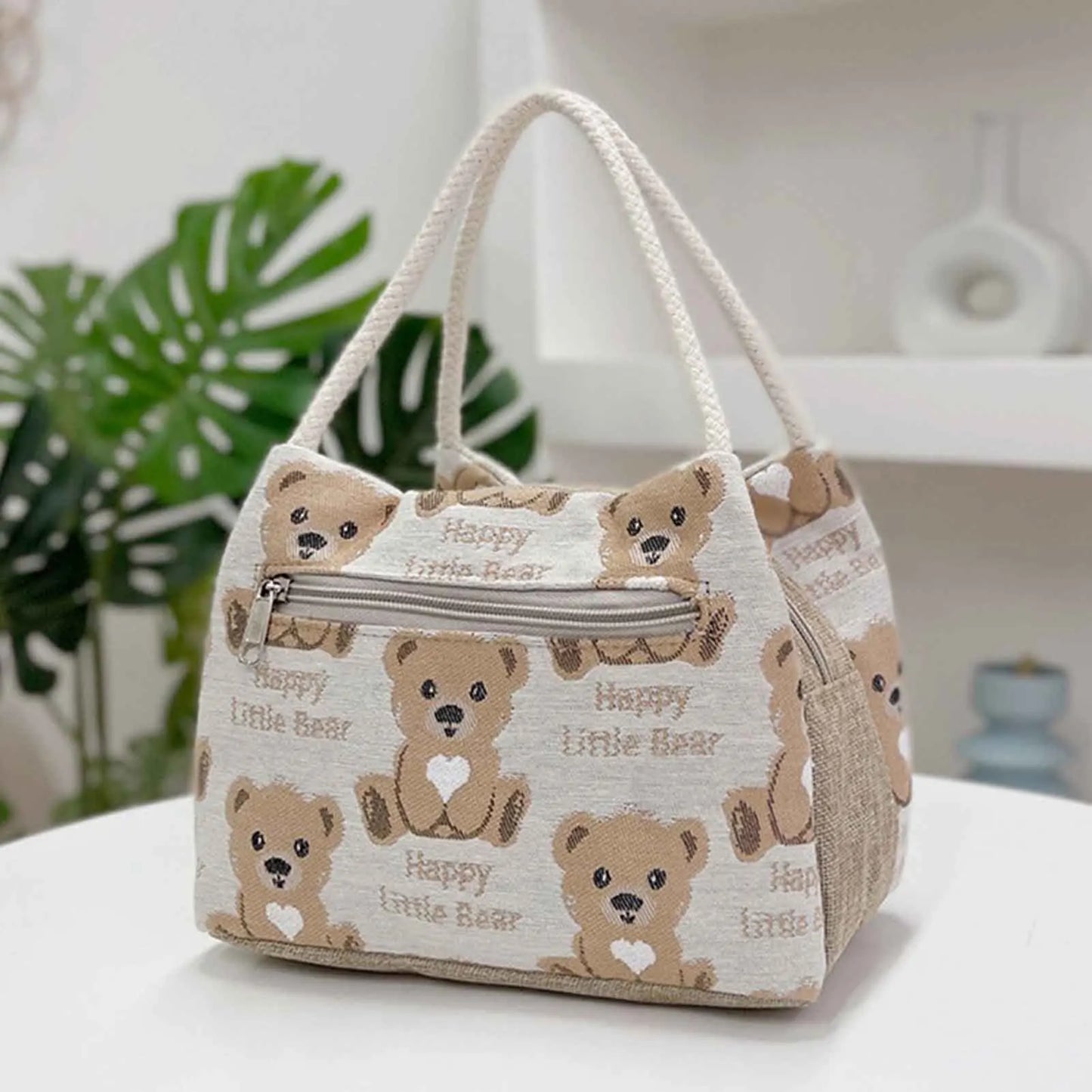 Cute Bear Pattern Lunch Tote Pouch Portable Large Capacity Storage Bag for Outdoor Picnic Hiking Camping Peaceful Pleasures Health and Wellness