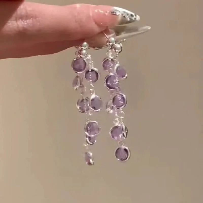 Fresh Light Blue Purple Sparkling Diamond Tassel Earrings Luxurious and Niche Delicate White Earrings Korean Style Cool Earrings Peaceful Pleasures Health and Wellness PURPLE
