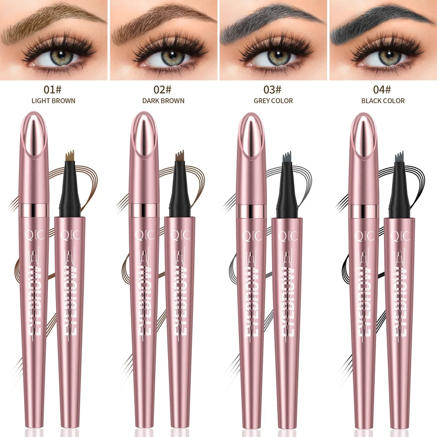 QIC 4-Tip Waterproof Eyebrow Pen – 6 Colors | Natural Look