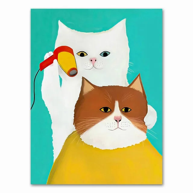 Wall Art Mural Modern Cartoon Cat And Dog Haircut Humor Poster Canvas Painting Hand-Painted Picture Printing Home Room Decor Peaceful Pleasures Health and Wellness 11 50x70cm Unframed