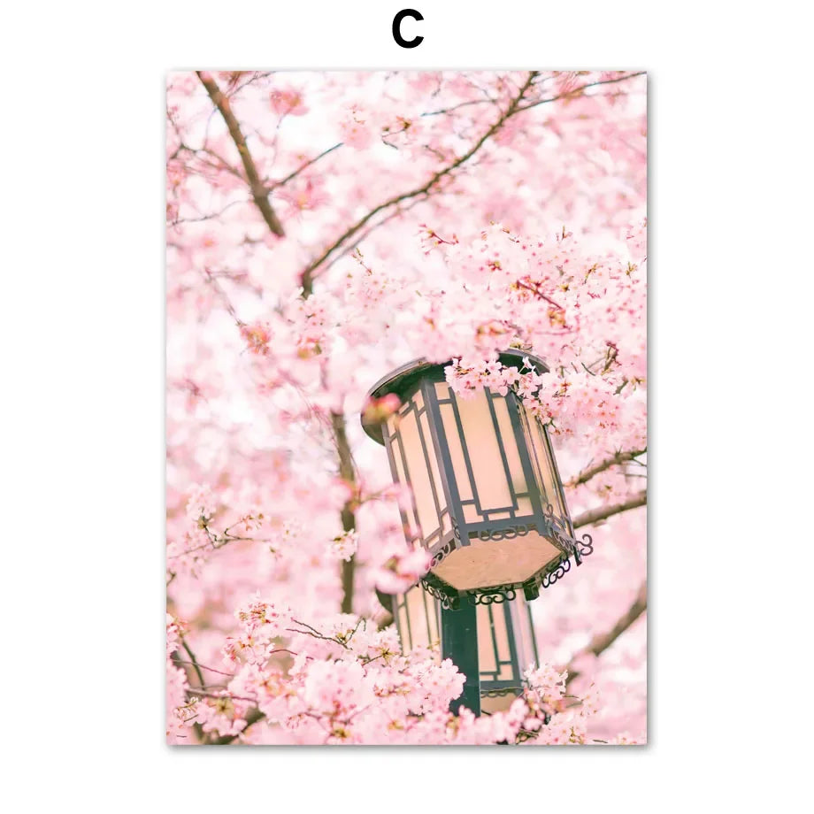 Pink Floral Nordic Canvas Wall Art Print | Cherry Blossom Décor