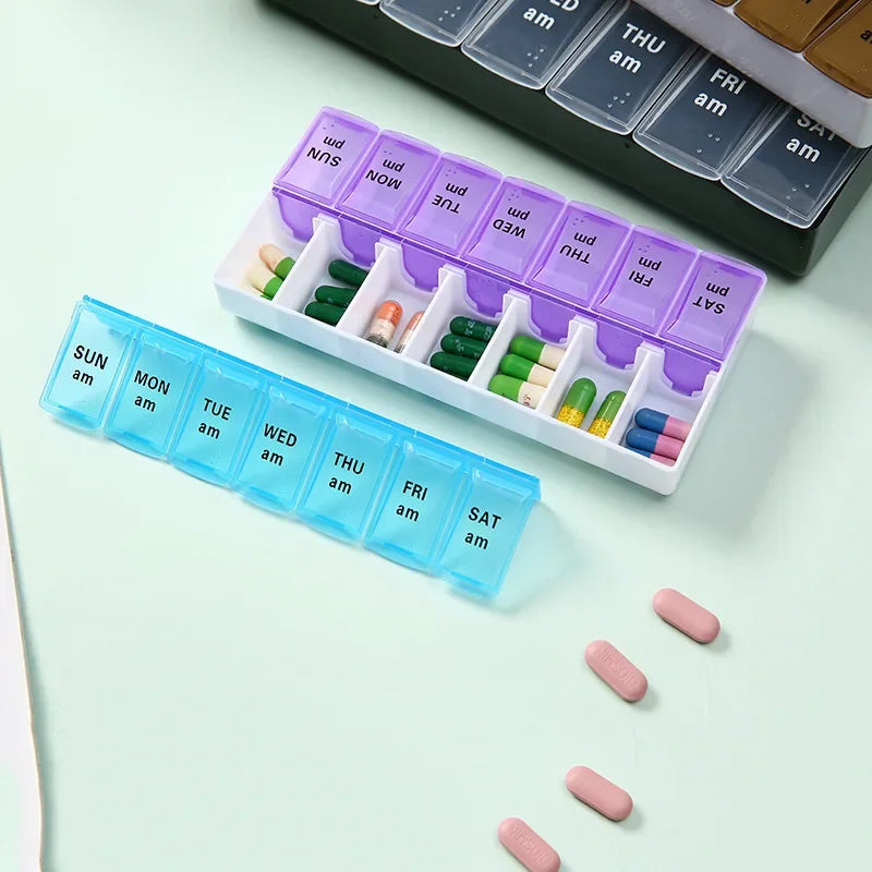 Pill Box Case 7 Day Weekly Medicine Storage Box Double Row 14grid Tablte Dispenser Organizer Open Lid First-Aid Kit Container Peaceful Pleasures Health and Wellness