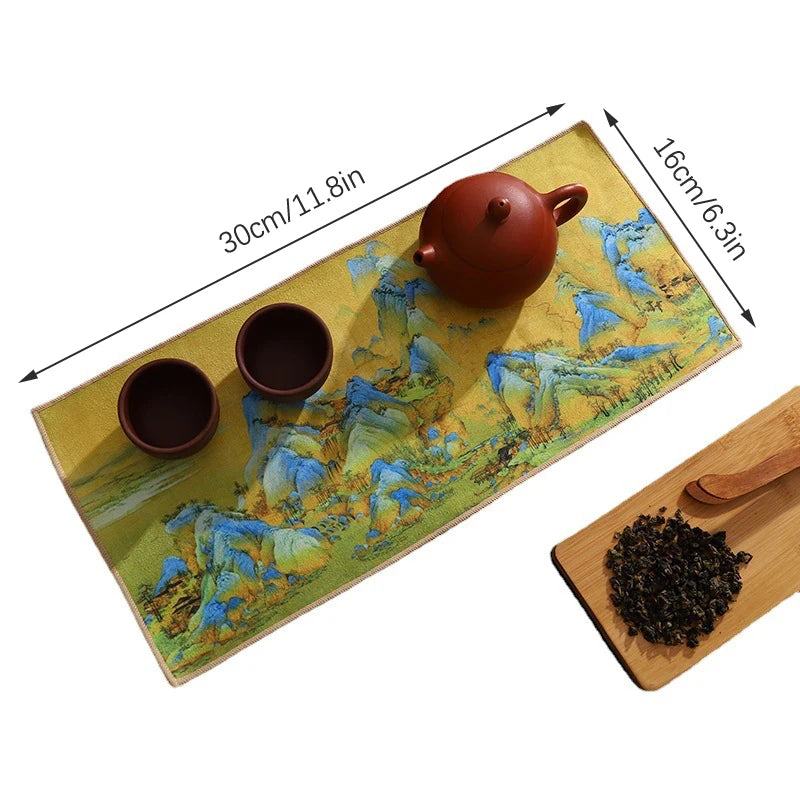 1pc Kung Fu Tea Towel with Ancient Style Thick and Absorbent Multifunctional High-end Painted Tea Cloth Peaceful Pleasures Health and Wellness