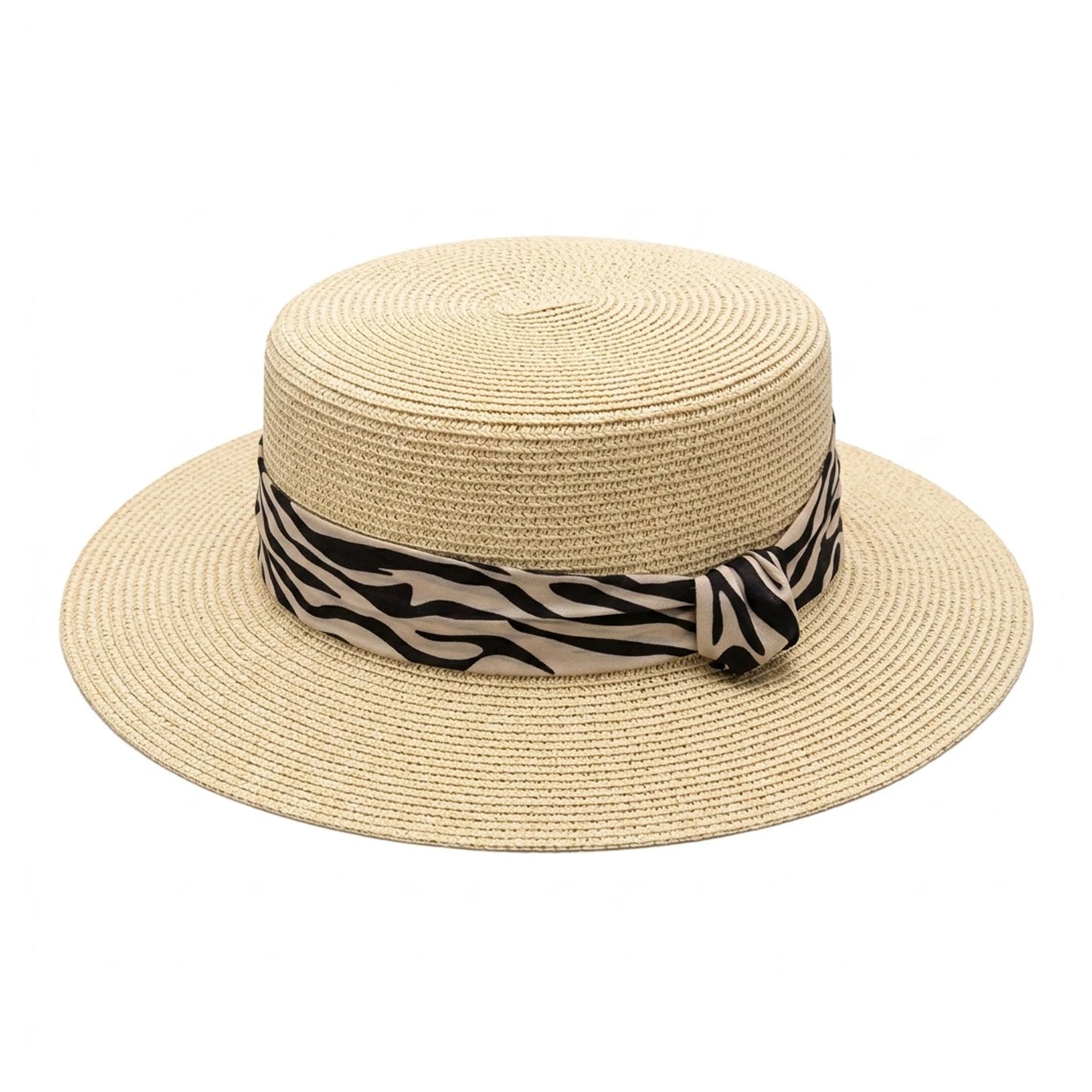 Women's Flat Top Panama Hat Summer French Retro Zebra-Print Straw Sun Hat Outdoor Resort Wide Brim Sun Protections Hat Peaceful Pleasures Health and Wellness HAT BRIM 7CM Beige