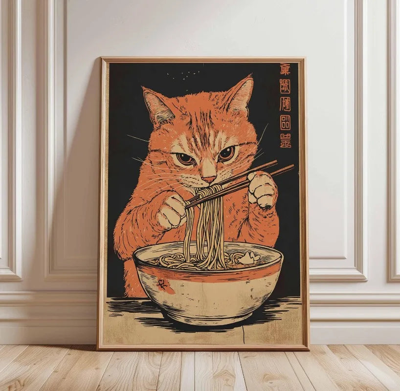 Black Cat Ramen Japanese Food Noodle Ginger Cat Poster Print Wall Art Pictures Canvas Painting Living Room Home Wall Decoration Peaceful Pleasures Health and Wellness