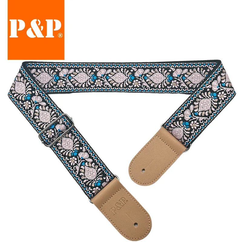 Guitar Strap Embroidered Belt Adjustable Jacquard Band Cotton Leather