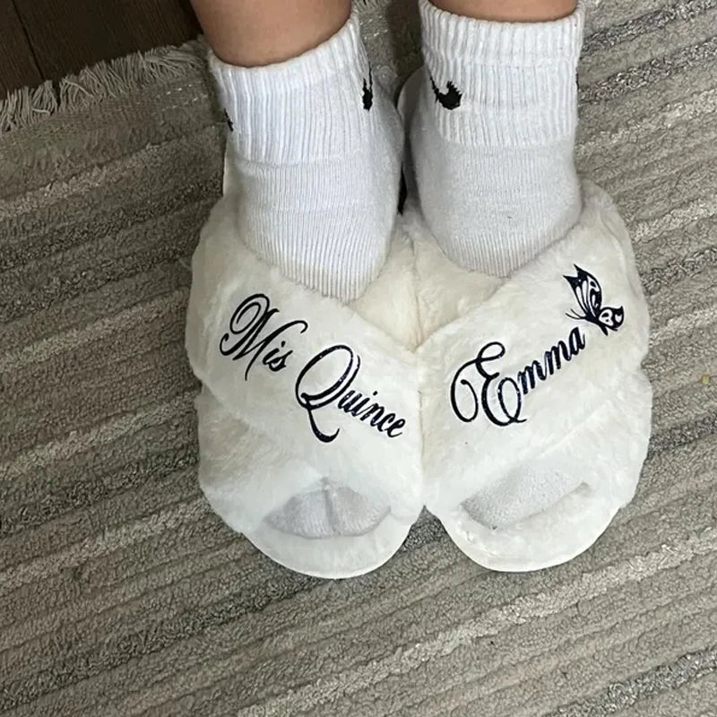 Personalized Mis Quince Fluffy Slippers | Quinceanera Gift Personalized Party Slippers Peaceful Pleasures Health and Wellness