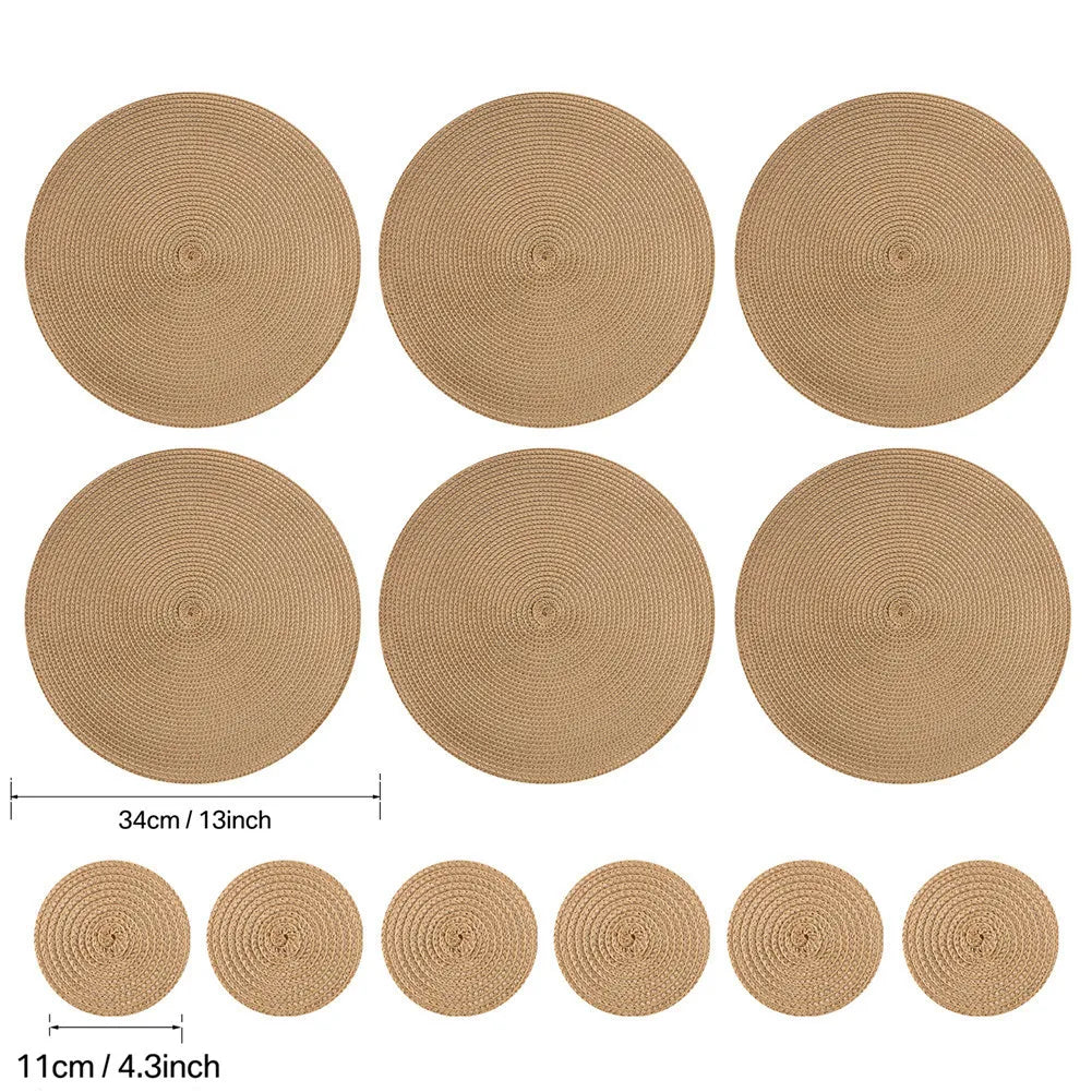 Set of 6 Round Braided Table Mat Washable Placemats Non Slip Heat Resistant for Kitchen Dining Tables Pad With 6Pc Cup Coasters Peaceful Pleasures Health and Wellness PP 33.5cm Gold 1 12 Mats 12 Coaster