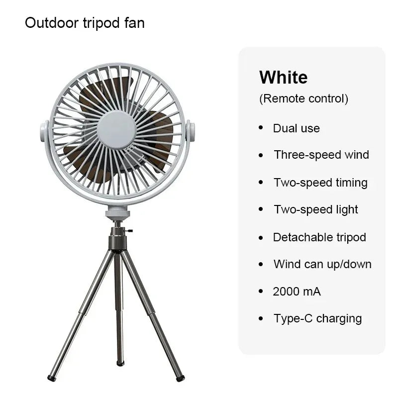 Tripod Stand Desk Air Cooling Blower Rotation Camping Ceiling Fan With Night Light Outdoor USB Chargeable Conditioning Cooler Peaceful Pleasures Health and Wellness White