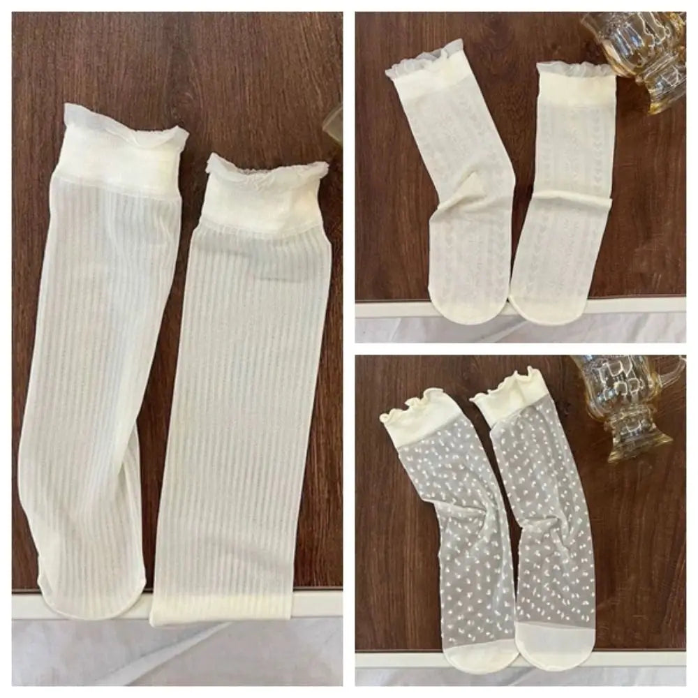 Women's Ruffled Lace Mesh Socks | Sheer Ice Silk Mid-Tube Lace Mesh Socks Peaceful Pleasures Health and Wellness