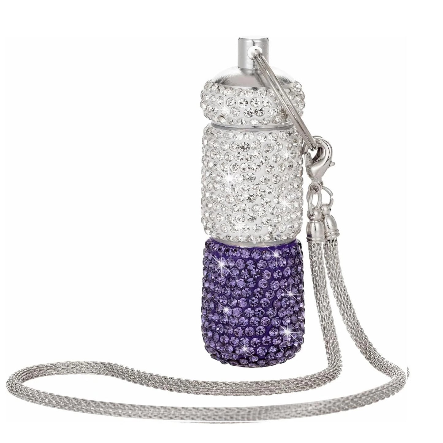 Bling Keychain Pill Box 2 Compartments Small Travel Pill Case Organizer Crystal Diamond Medicine Bottle Pill Bottle Keychain Peaceful Pleasures Health and Wellness Purple-Keychain