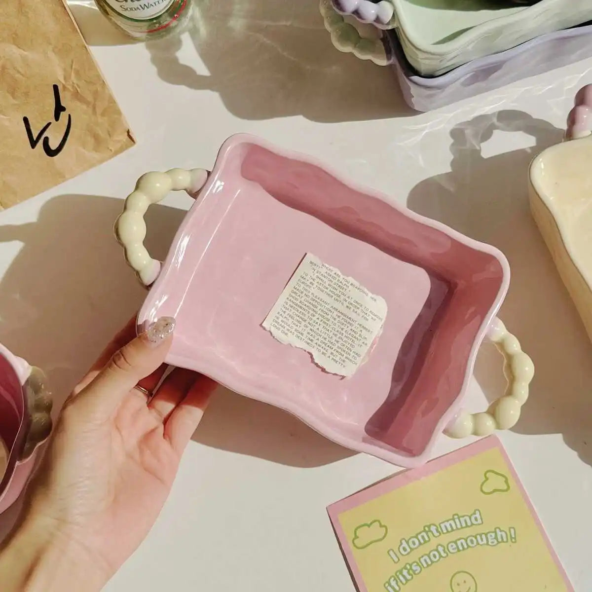 Color Blocked Sugar Bean Irregular Baking Tray Ceramic Double Ear Baking Bowl High End Microwave Oven Baking Utensils Practical Peaceful Pleasures Health and Wellness Pink 8 inches