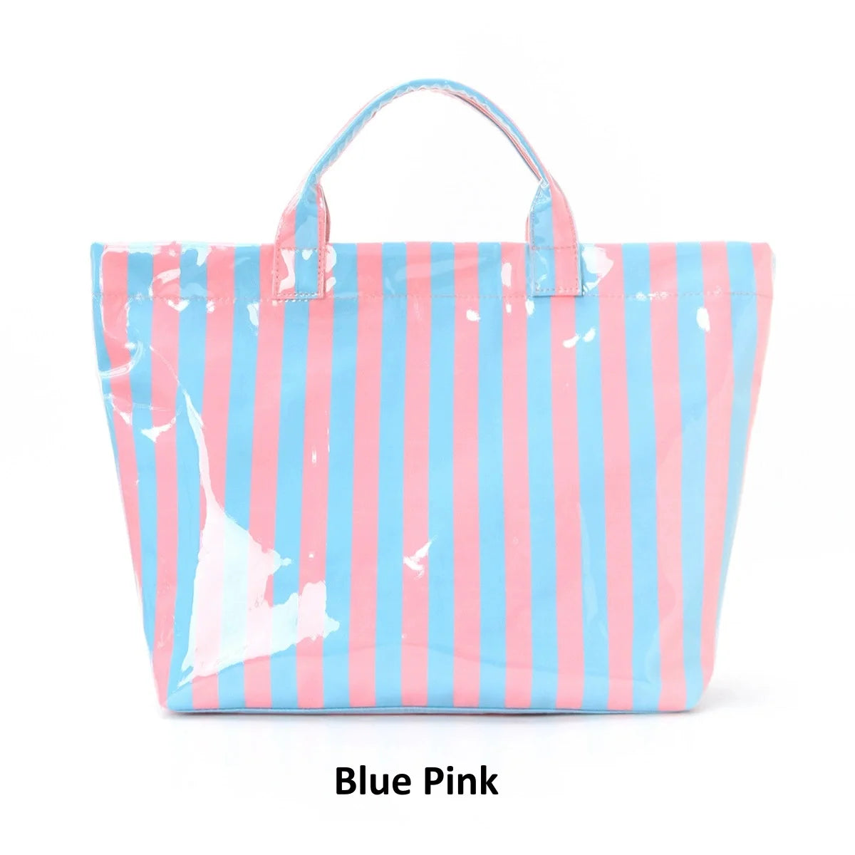 Large Striped PVC Tote Bag – Waterproof Glossy Handbag PVC Tote Bag Peaceful Pleasures Health and Wellness Blue Pink