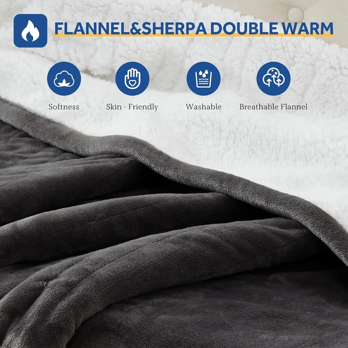 Twin Electric Heated Blanket 62x84" – Reversible Flannel & Sherpa, ETL Peaceful Pleasures Health and Wellness