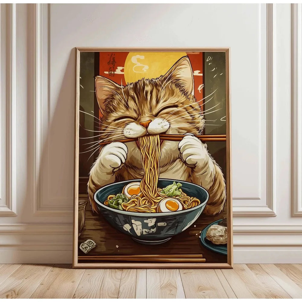 Black Cat Ramen Japanese Food Noodle Ginger Cat Poster Print Wall Art Pictures Canvas Painting Living Room Home Wall Decoration Peaceful Pleasures Health and Wellness