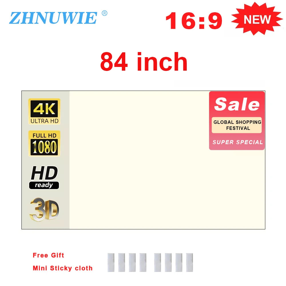 ZHNUWIE Projector Screen White Grid Anti-Light 16:9 Projection Screen For Home 72 84 100 120 133 Inch Portable Reflective Cloth Peaceful Pleasures Health and Wellness 84 inch