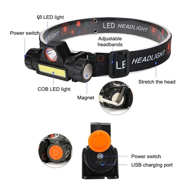 Rechargeable LED Headlamp XPE COB Dual Light Waterproof Magnetic