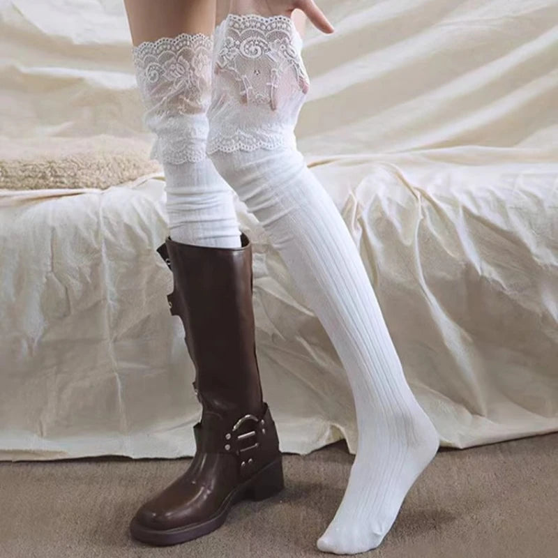 Socks Woman Autumn/Winter Solid Color Thigh High Lace Cute Lolita Thick Warm Stockings Black White Long Leg Socks for Women Peaceful Pleasures Health and Wellness One Size 2 pairs white