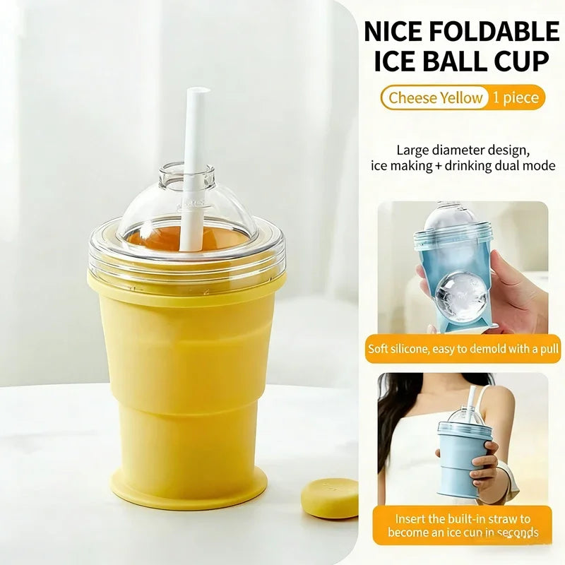 Food-Grade Silicone Foldable Ice Ball Cup 2 in 1 Ice Mold and Water Bottle BPA-Free Portable Travel Tumbler for Outdoor Camping Peaceful Pleasures Health and Wellness