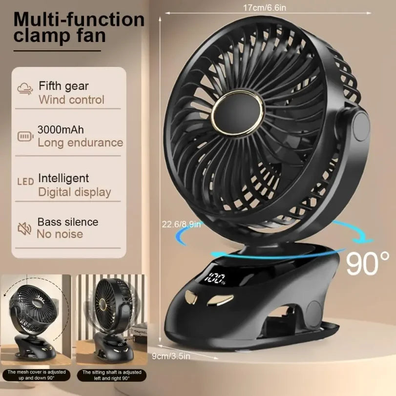 Portable USB Clip-On Desk Fan | 5-Speed, LED Display, Rechargeable
