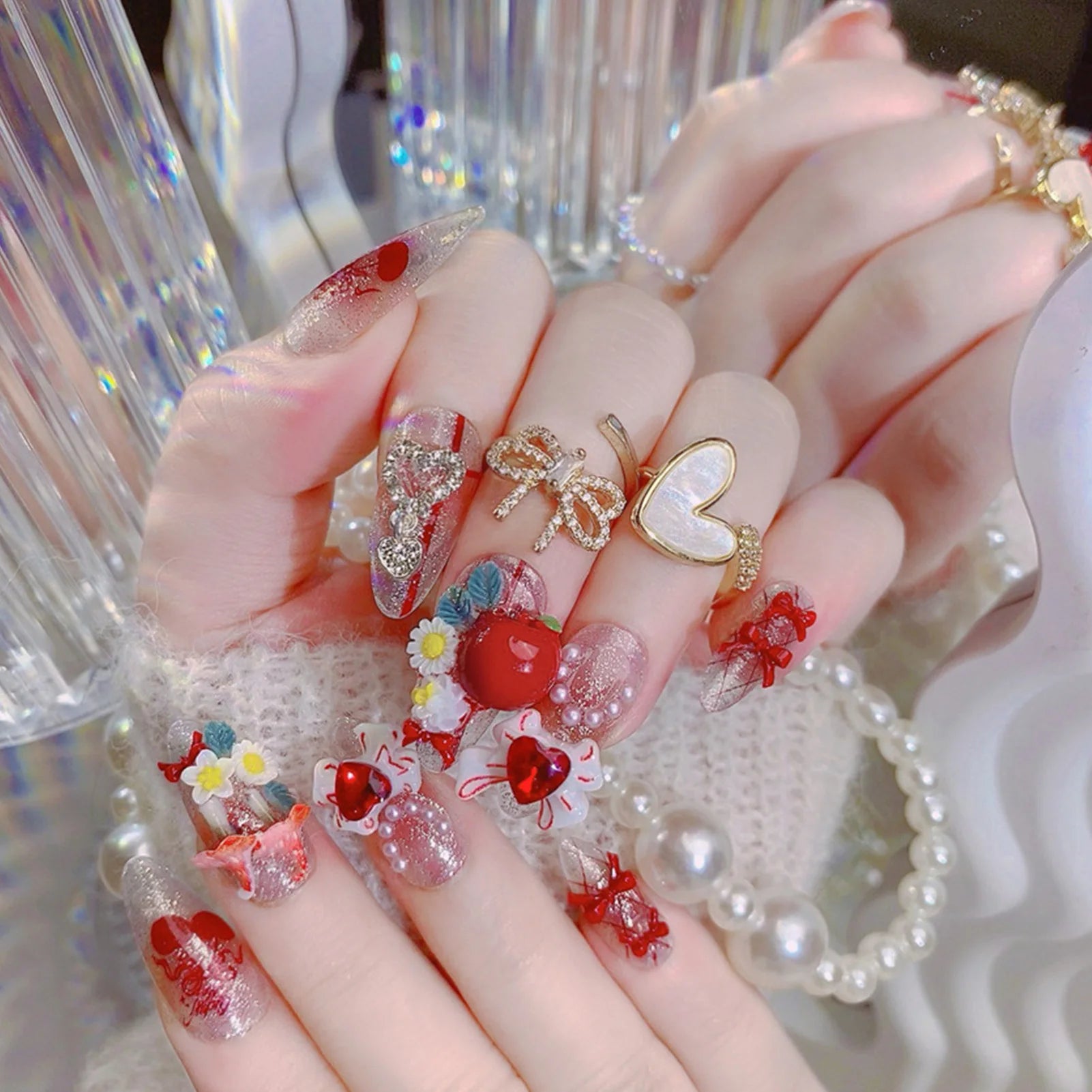 24pcs Flash Fake Nails Japanese Style Press On Nails Apples Heart Bow Decor Wearable Light Luxury Almond Fake Nails Party Daily Peaceful Pleasures Health and Wellness