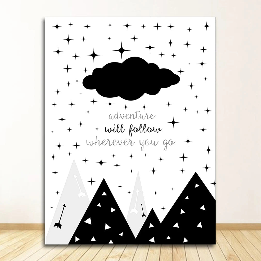 Boys Cartoon Nursery Canvas Wall Art | Black & White Print