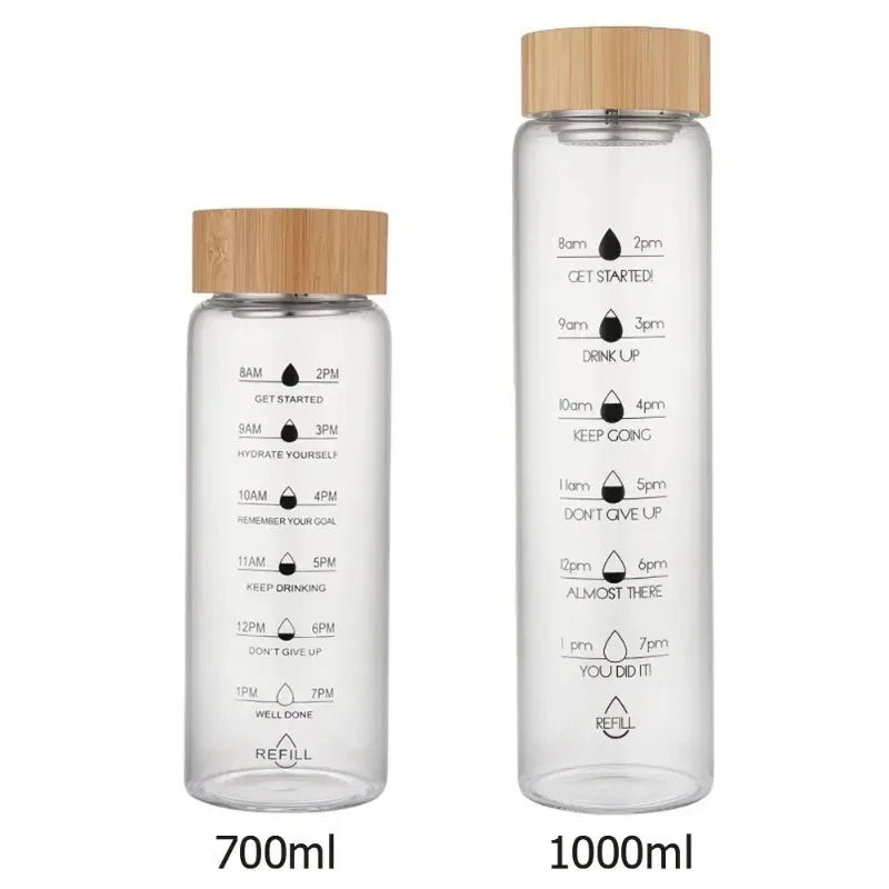 Borosilicate Glass Water Bottle | Bamboo Lid & Time Marker