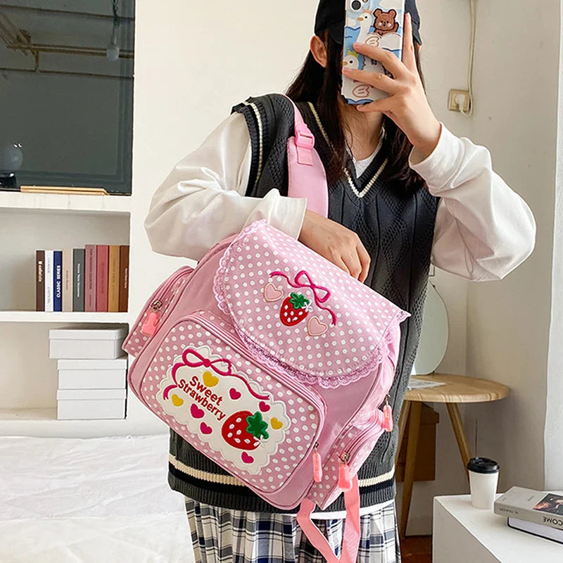 Girls Pink Strawberry Embroidery Canvas Backpack | Kids School Bag