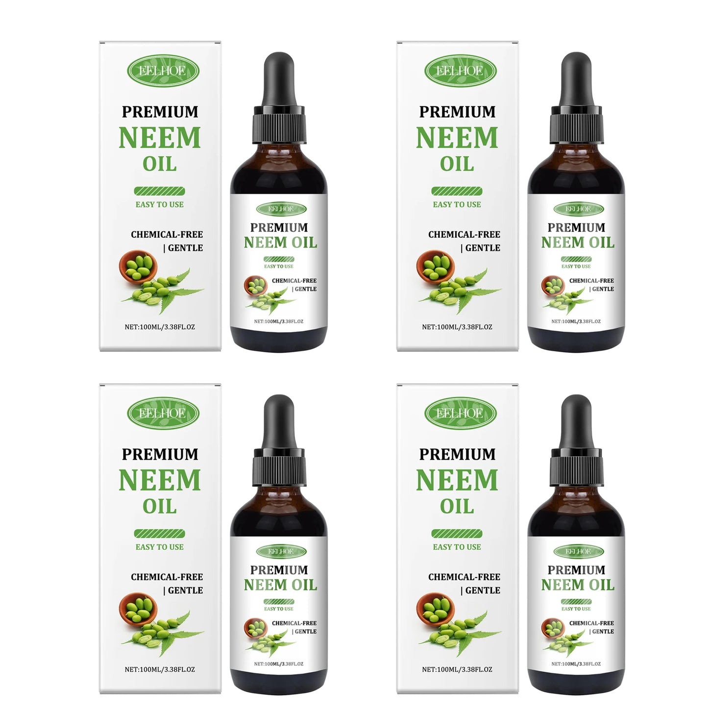 Premium Neem Oil Activating Hair Follicles Stimulate Hair Growth Deeply Moisturizing Skin Nourish Nail Surface Neem Massage Oil Peaceful Pleasures Health and Wellness 4 x 100ml Boxed 100ml