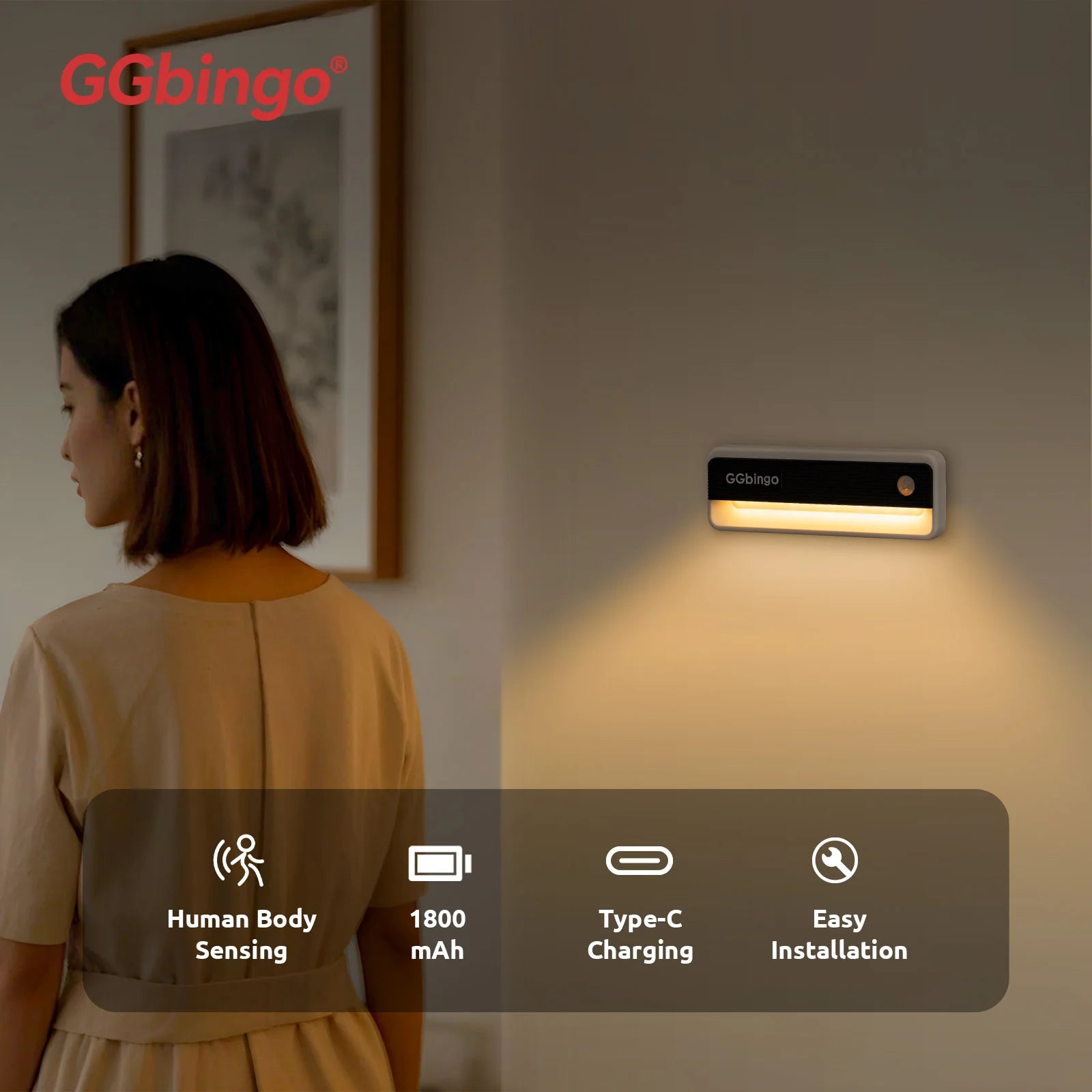 GGbingo Human Body Induction Night Light Multi-light Linkage Type-C Charging Footlights Wall Lamp 2700K Cabinet Light Peaceful Pleasures Health and Wellness