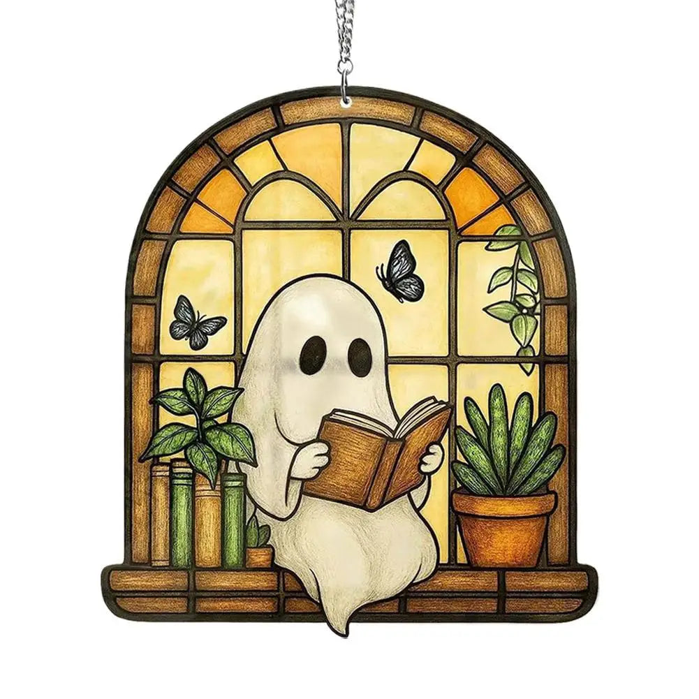 Halloween Ghost Reading Book Acrylic Suncatcher Window Hanging