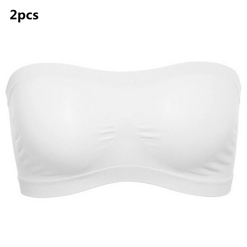 Lady's Sexy Strapless Crop Top Bra Bandeau Boob Tube Brassiere Summer Breathable Mesh Invisible Strapless without Chest Pad Wrap Peaceful Pleasures Health and Wellness White 2pcs Free Size