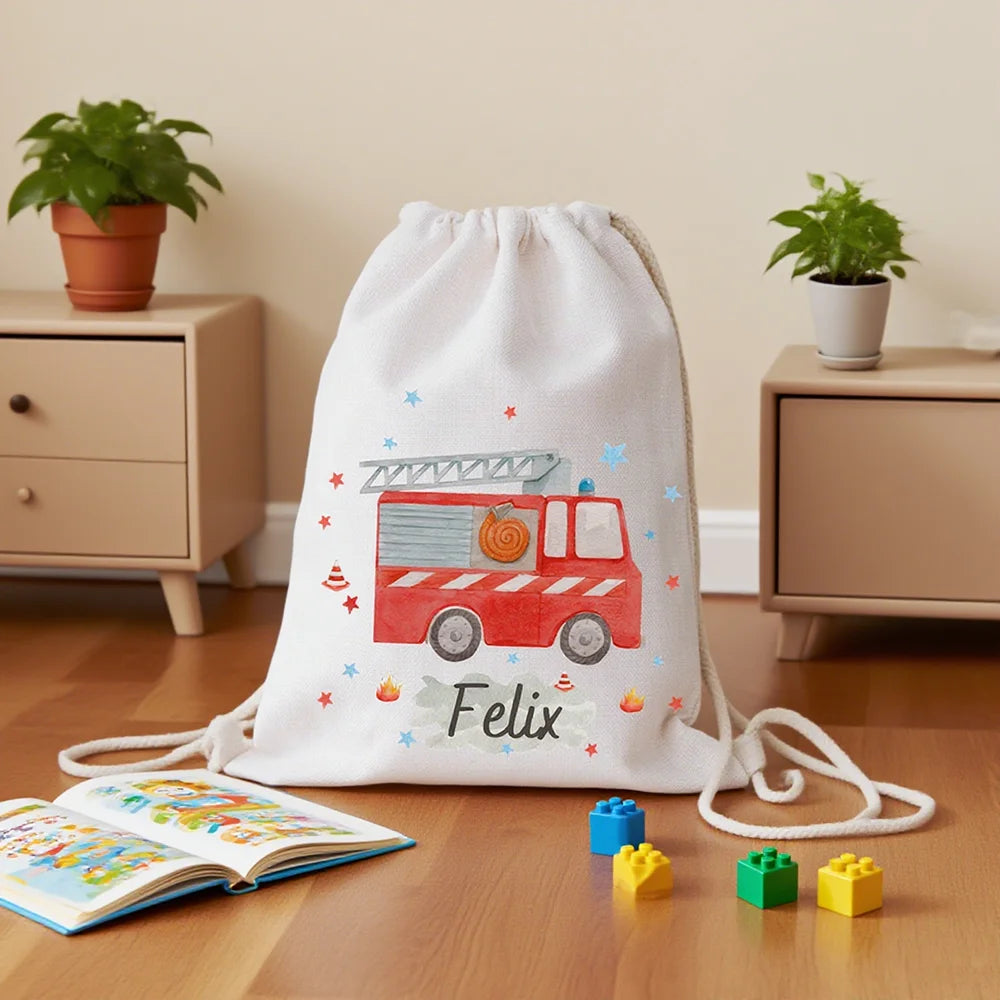 Personalized Kids Fire Engine Drawstring Bag | School & Gym Kids Drawstring Bag Peaceful Pleasures Health and Wellness