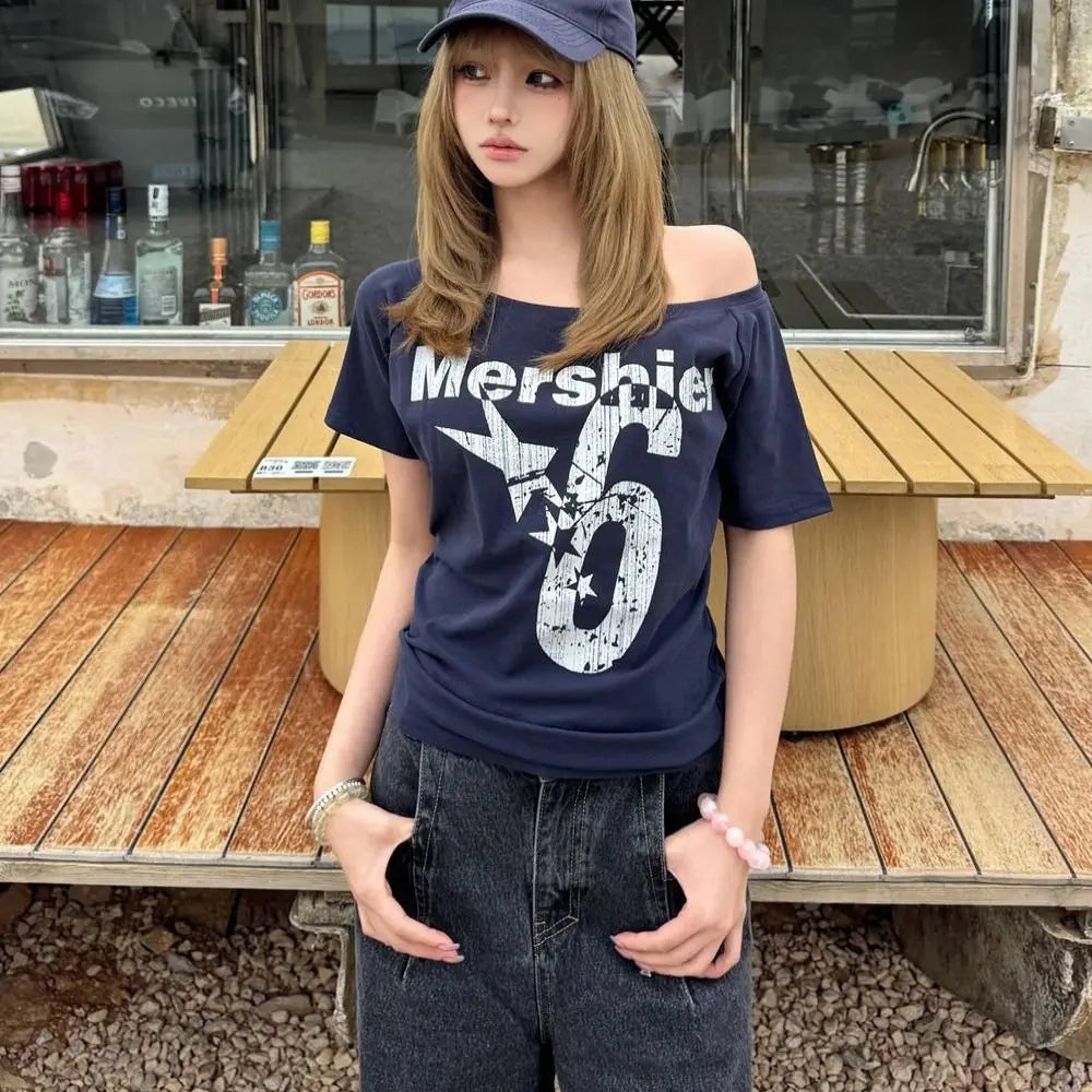 Y2K Off Shoulder Crop Top – Letter Print Skew Collar Women's Tee