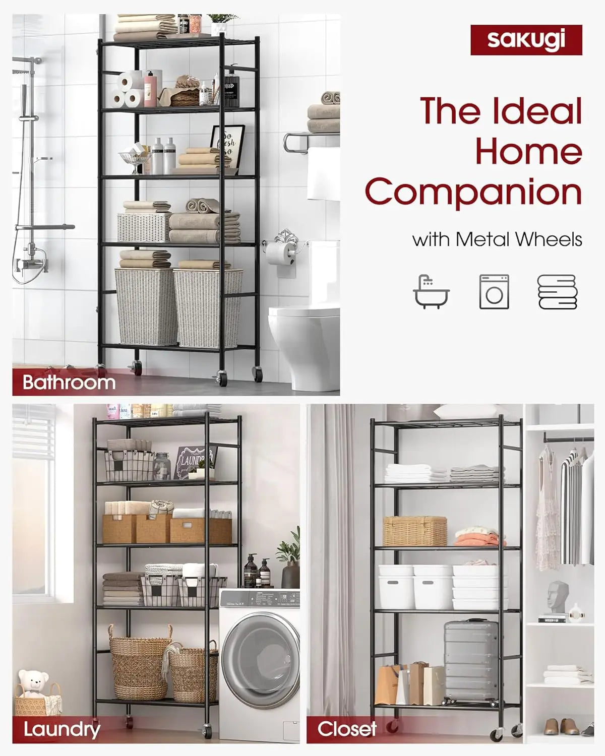 Metal shelving unit with various items in a bathroom, laundry, and closet setting, featuring the brand 'sakugi'.