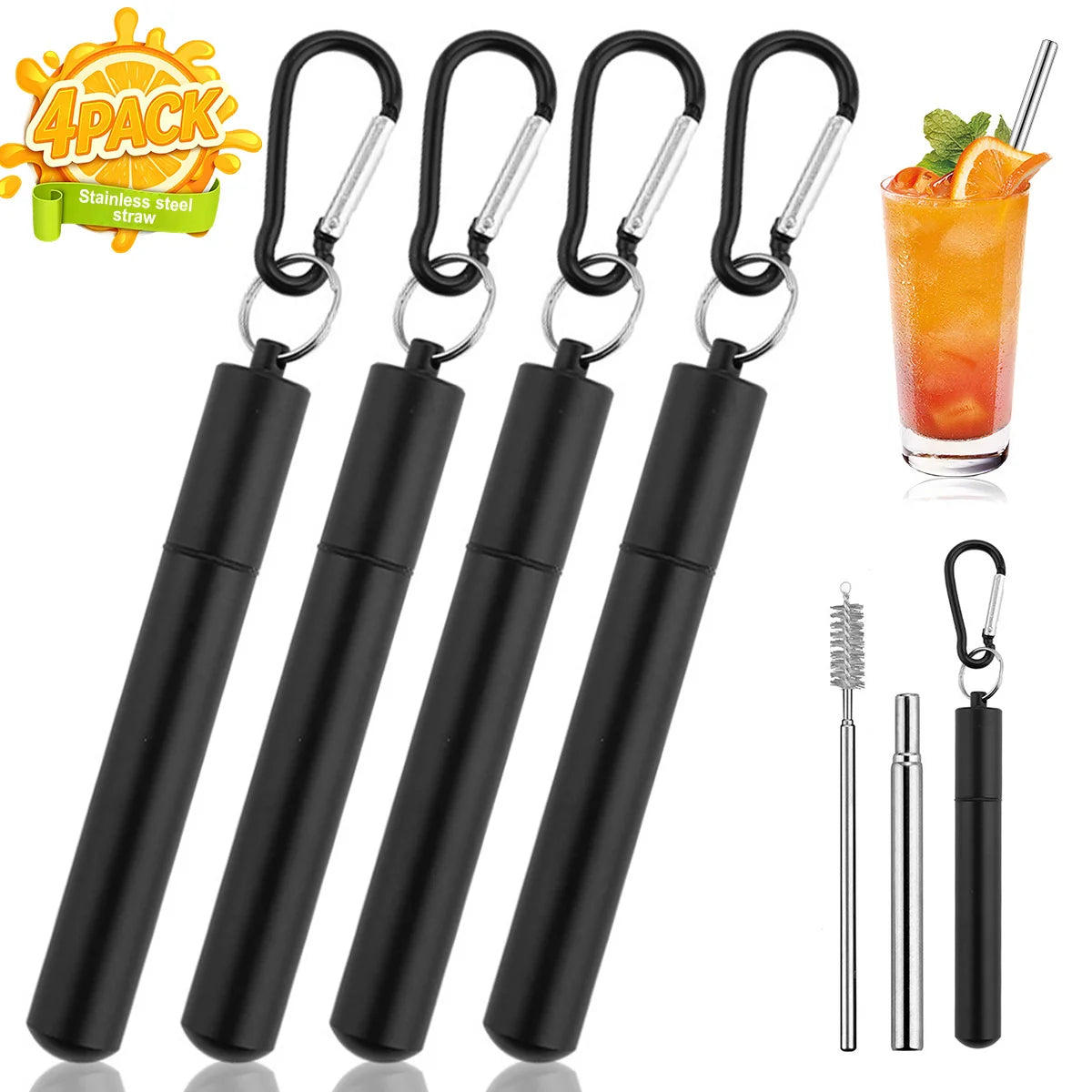 4Pack Collapsible Stainless Steel Drinking Straws with Aluminum Case, Cleaning Brush, and Keychains for Drinking Coffee Milk Tea Peaceful Pleasures Health and Wellness