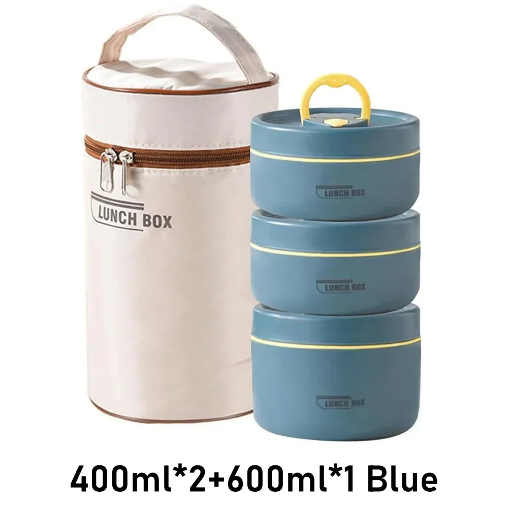 Insulated Lunch Container Set – 3 Stackable Stainless Steel Bento Boxes with Bag Peaceful Pleasures Health and Wellness Blue 3 1400ML
