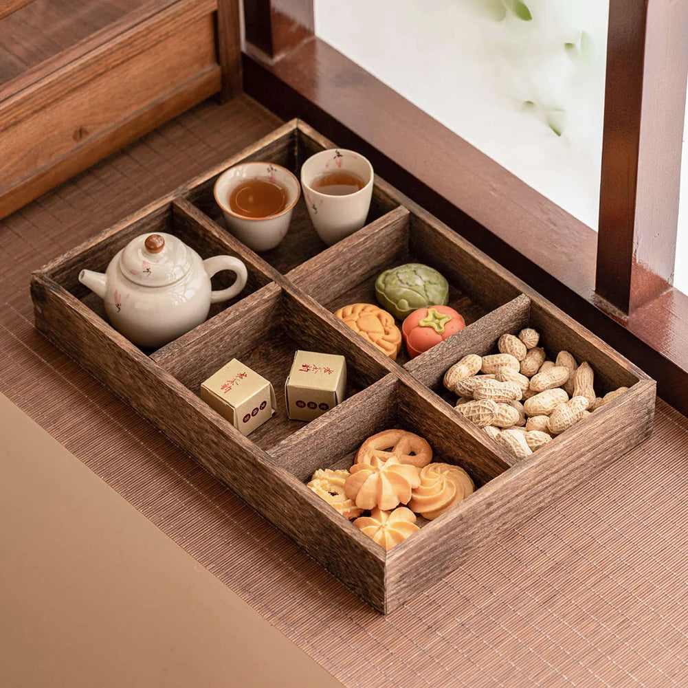 Food Tray Modern Retro Style Large Fruit Nut Platter Wood Nut Candies Serving Tray Multi Compartment Large Capacity Wood Tray Peaceful Pleasures Health and Wellness