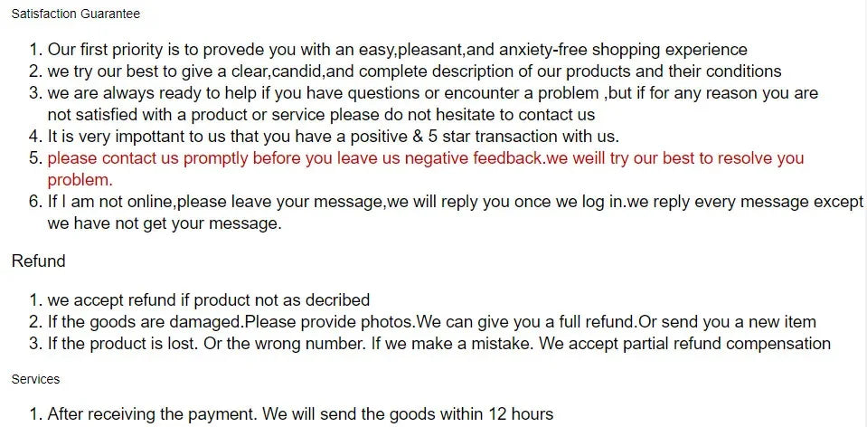 Text-based satisfaction guarantee and refund policy on a white background