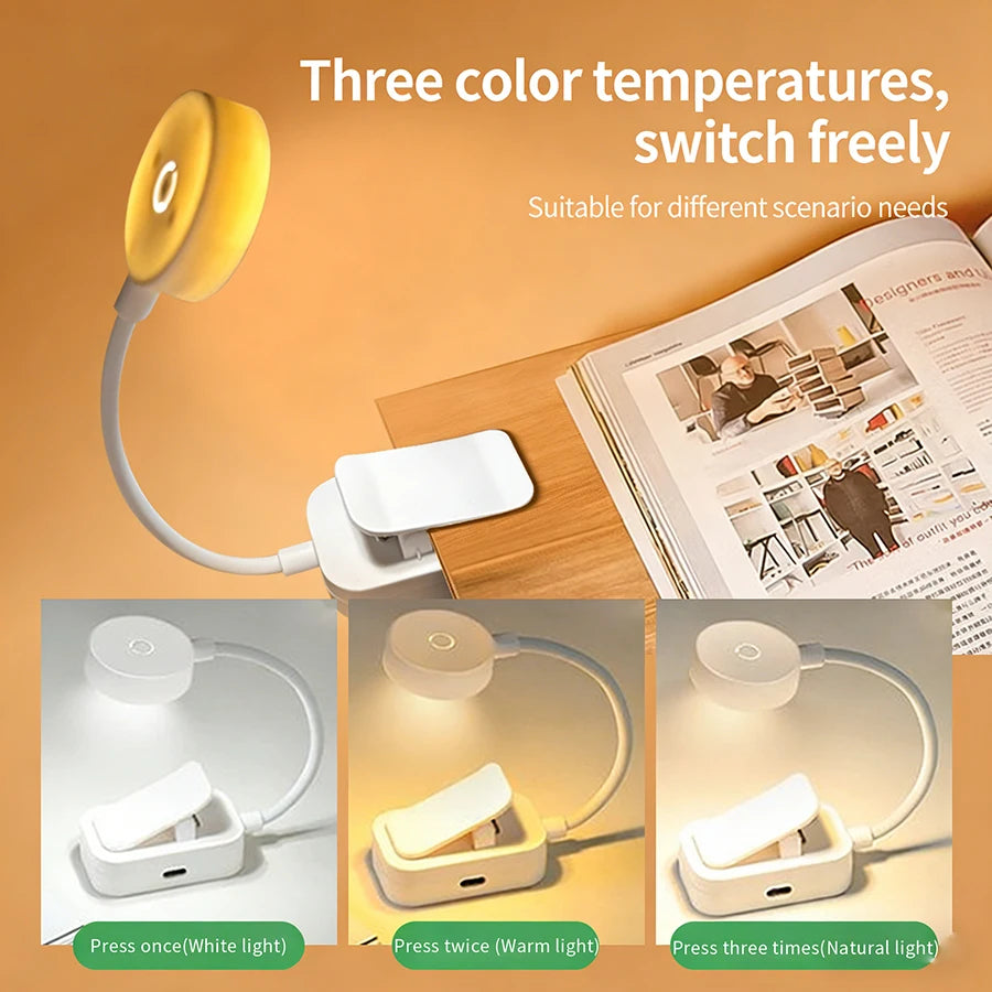 Rechargeable Clip-On Book Lamp Bedside Reading Light 3 Colors Eye Protection Portable Book Night Light Office Study Table Lamp Peaceful Pleasures Health and Wellness